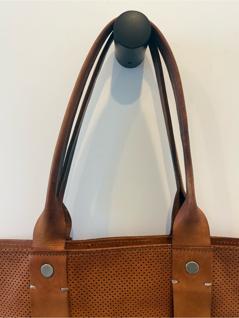 Clare V. La Tropezienne Perforated Leather Tote | Cognac Brown | Made in USA - Picture 9 of 16